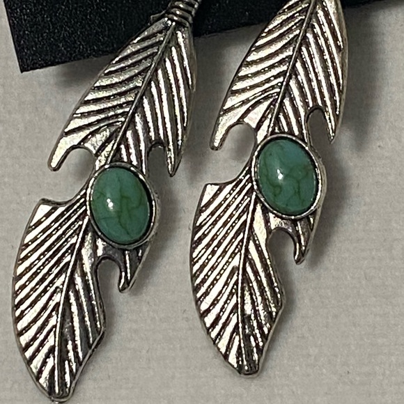 Two Pair of Silver with Turquoise Boho Earrings, Feathers and Small Round - Picture 5 of 10